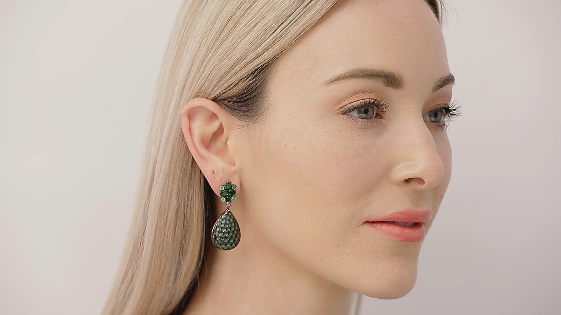 Load video: Carved Indicolite Tourmaline Earrings, in 18K Black Rhodium Plated White Gold