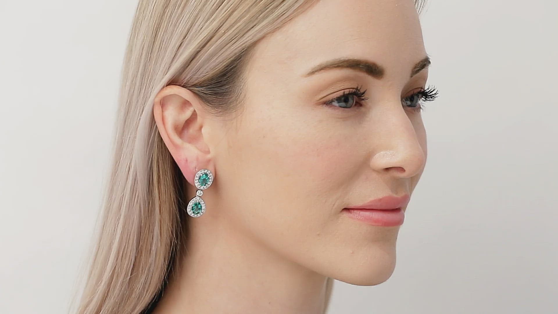 Load video: Emerald &amp; Diamond Drop Earrings, in 18K White Gold
