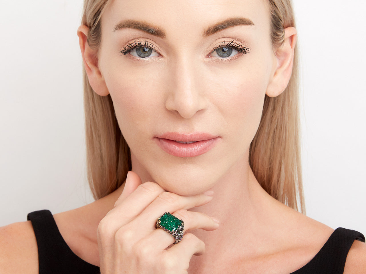 Carved Emerald Ring in 18K White Gold, by Rhonda Farber Green