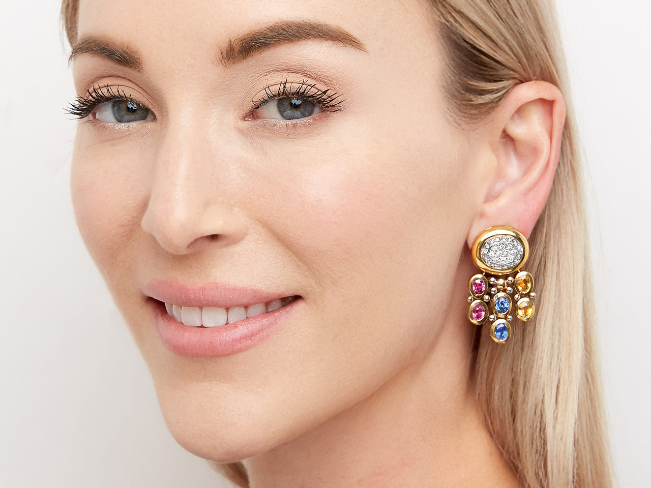 Multi-Colored Sapphire & Diamond Earrings in 18K Yellow Gold