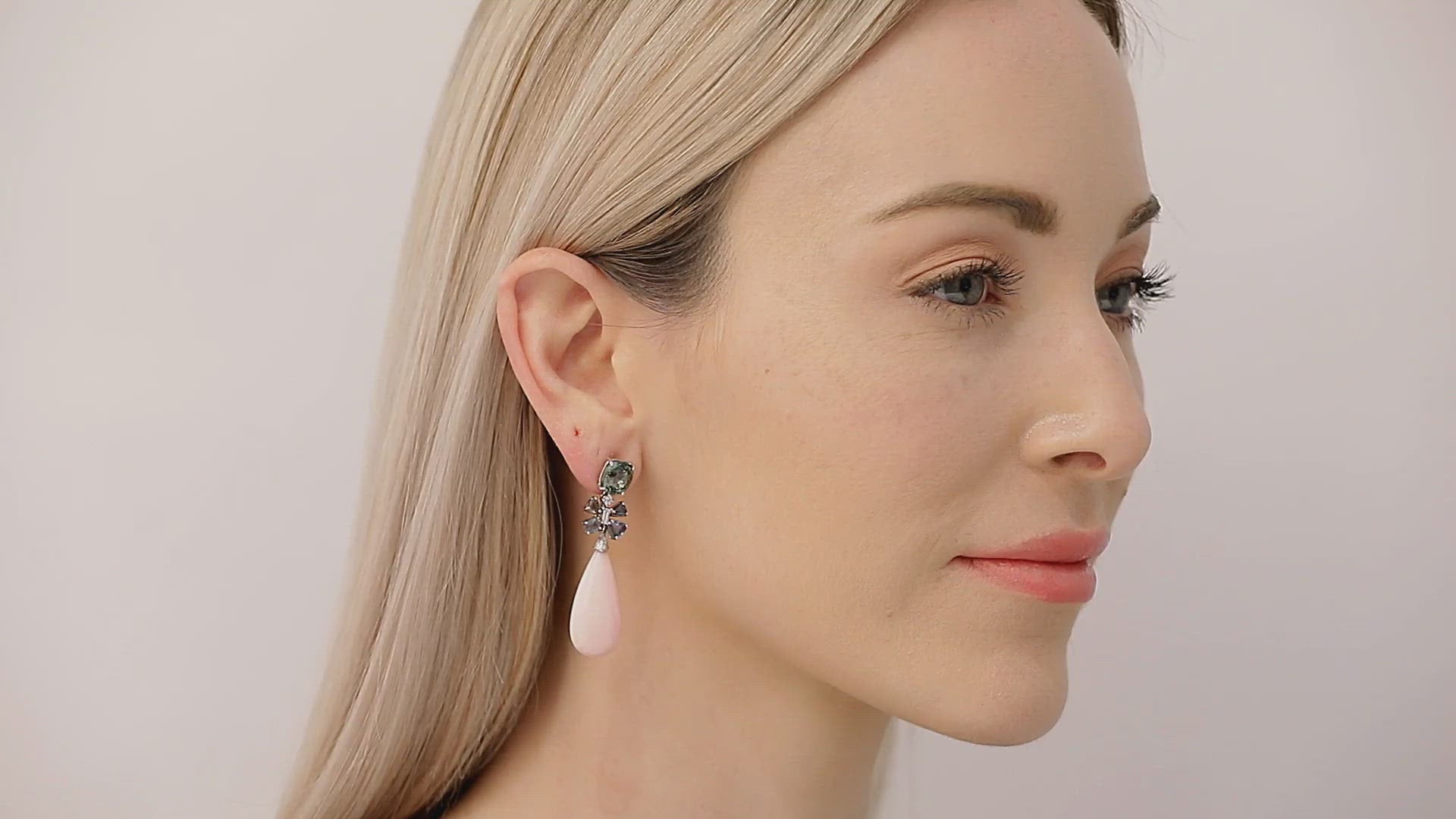 Load video: Garnet, Pink Opal &amp; Alexandrite Earrings, in 18K White Gold