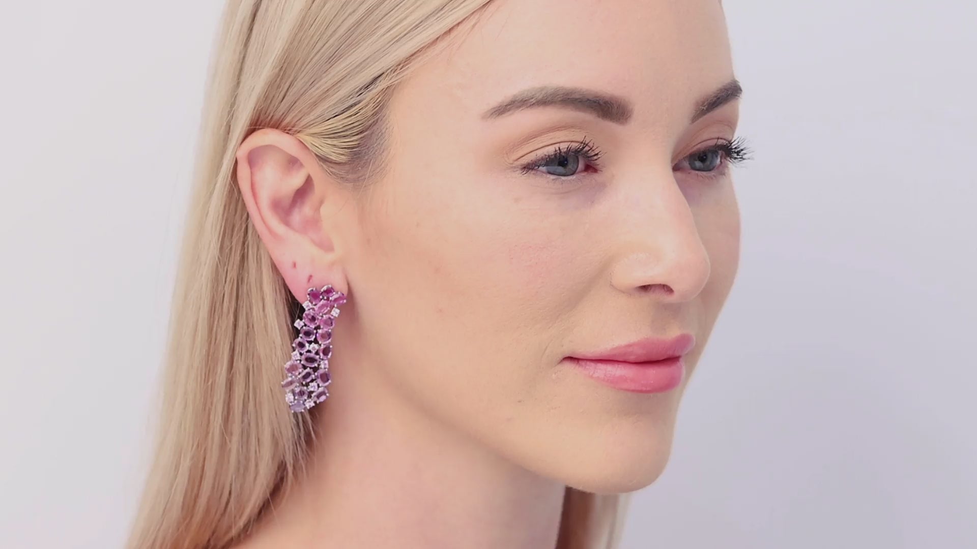 Load video: Pink Sapphire Cluster Earrings in 18K White Gold
